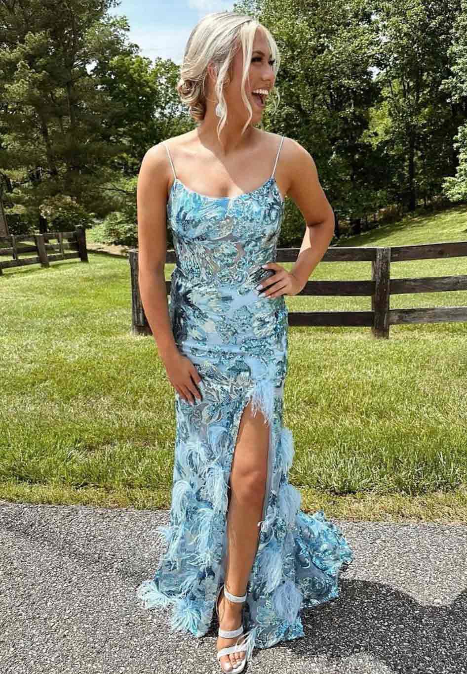 Model wearing a blue dress